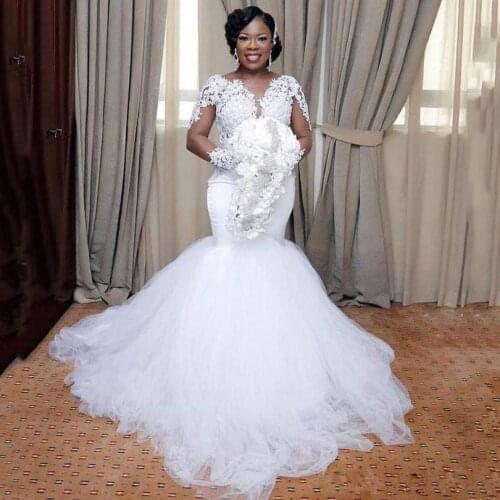 Long Sleeves Lace Mermaid Wedding Dresses 2021 with Appliques Tulle Sweep Train Plus Size Bridal Gowns vestidos de novia