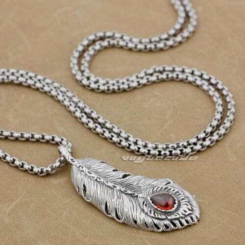 Huge Feather Red CZ Stone 925 Sterling Silver Mens Biker Rock Punk Pendant 9J003