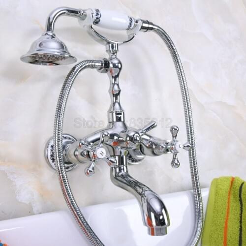 Polished Chrome Wall Mount Bathtub Tub Mixers Two Cross Handles Bathroom Bath Shower Faucet with Handshower tna196