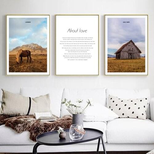 Natural Scenery Mountain Wood House Grass Animals Horse Canvas Painting Wall Picture Printing Poster Living Room Home Decoration