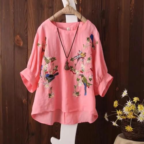 Plus size Tops Summer Women Blouses Short sleeve Ladies Loose Embroidered 100% Cotton Linen High quality Vintage Casual