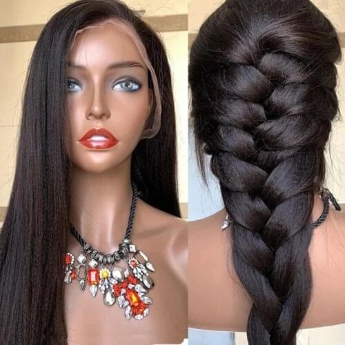 Middle Part Yaki 26Inch Long Kinky Straight 180%Density Synthetic Lace Front Wig for Black Woman Babyhair Preplucked Glueless