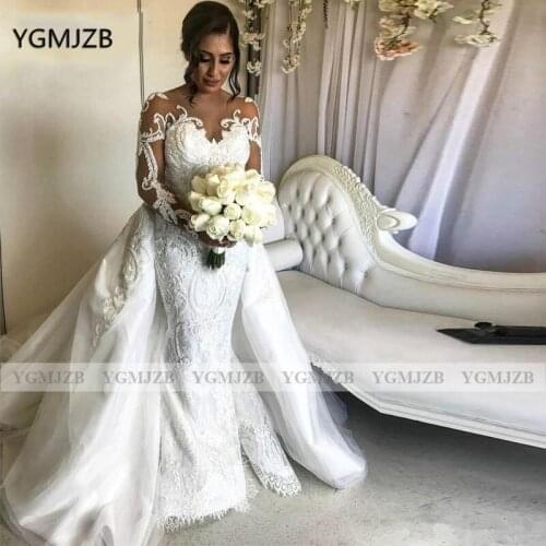 Vestido De Noiva Lace Fabric Mermaid Wedding Dresses in Dubai 2020 Long Sleeves Detachable Train Bridal Wedding Gown for Bride