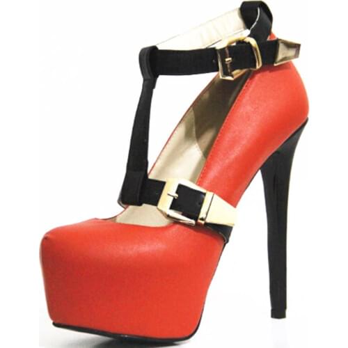 Gorgeous new orange leather fabric tape 16 cm high-heeled black leather shoes. Size: 35-43