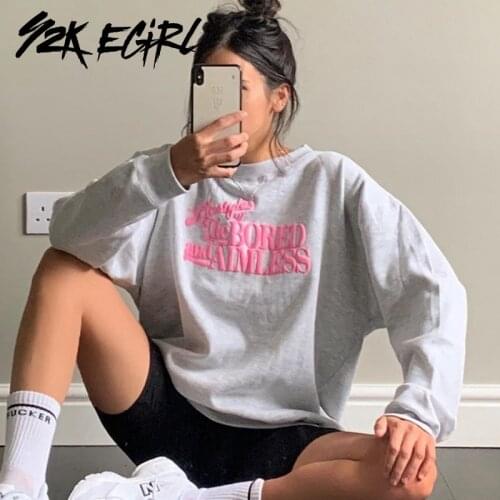 Y2K EGIRL Fashion Oversized Crewneck Long Sleeve Sweatshirts 90s Fashion Letter Printing Grey Tops Vintage Autumn Outfits Casual