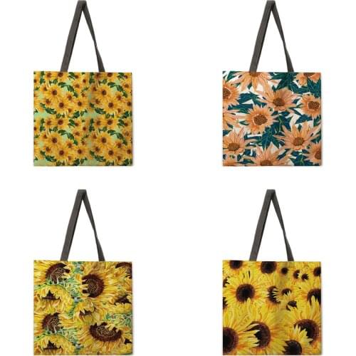 Shoulder bag ladies yellow sunflower print casual tote bag linen Febric tote bag foldable shopping bag reusable beach bag