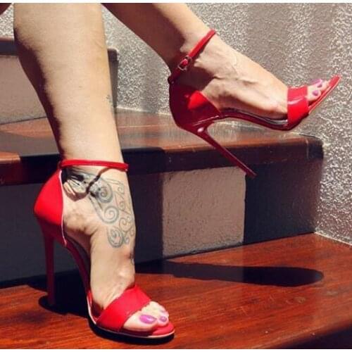Fashion Woman Red White Brown Patent Leather Thin Heels Sandal Summer Sexy Open Toe Ankle Strap Gladiator Shoe Party Dress Heels