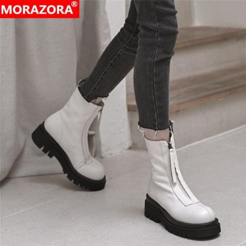 MORAZORA 2021 New genuine leather boots zip platform ankle boots round toe fashion autumn winter boots ladies casual shoes