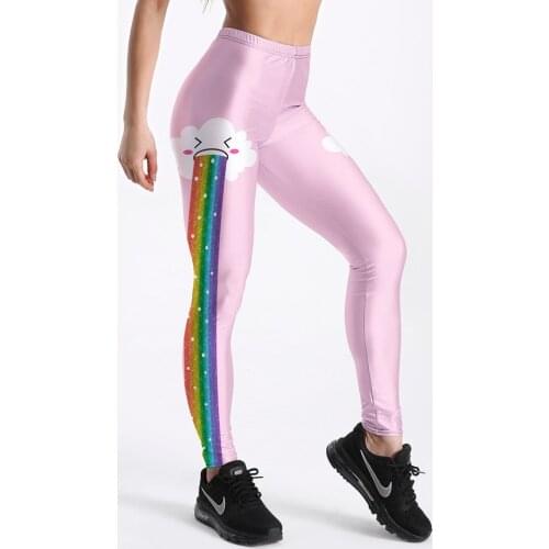 Rainbow Clouds Printed Sweet Style Women Fitness Pink Leggings Fashion Summer Soft Elastic Workout Long Pants