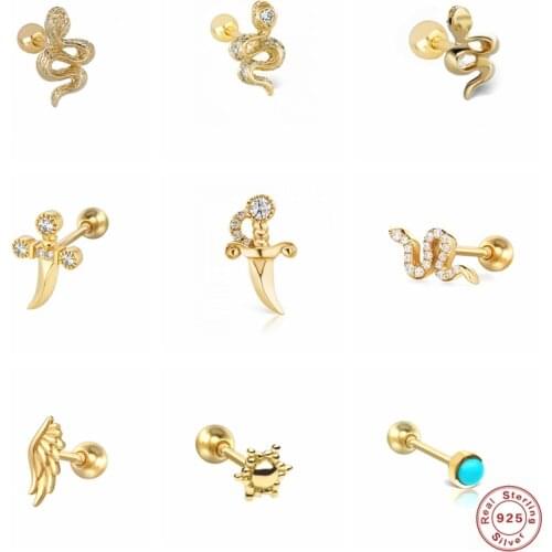 925 Sterling Silver Aretes Piercing Earrings Cute Snake Cartilage Stud Earring For Women Ear Bone Buckle pendientes plata 925