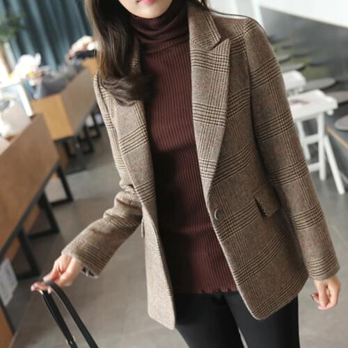 Women Blazers And Jackets 2019 Spring Autumn Fahion Plaid Single Button Long Sleeve Casual Short Coats Famale Pockets Outwear