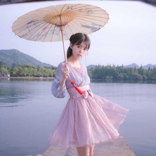 "XiangLong'an" Womens Chinese Style Hanfu Cross Collar 2PCS Set Dress Waist Belt Chiffon Sexy Cute