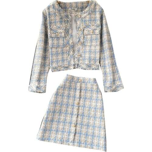 2021 Autumn And Winter New Fashion Ladies Suit Plaid Fringed Short Jacket + Sexy Tweed Mini Skirt 2-piece Set