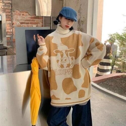 Womens Pullover Knitted High Neck Retro Sweater Oversized Lazy 2021 New Korean Street Cow print Fashion Warm Coat