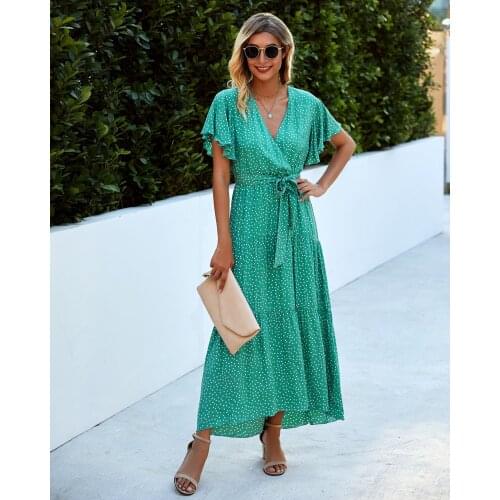 New 2021 fashion wave point Dress V-neck temperament up womens Bandage dress sexy low cut bubble sleeve Ruffles holiday