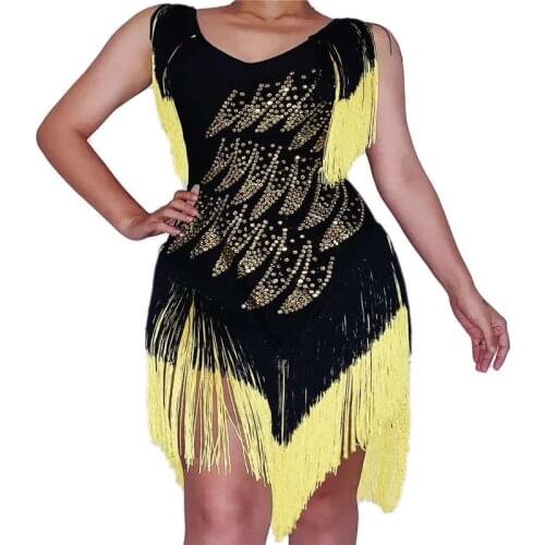 V5 Sexy women latin dance balck yellow tassels dress rhinestones hip skirt stretch disco bar wears crystal tights outfit party