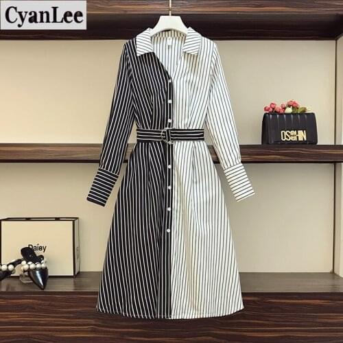 Cyanlee Plus Size Women Eelgant Office Dress Autumn 2020 Turn-down Collar Long Sleeve Black Patchwork White Striped Shirt Dress