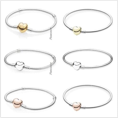 Authentic 925 Sterling Silver Bracelet Rose Love Heart Clasp Snake Chain Bangle Fit Women Bead Charm Diy Pandora Jewelry