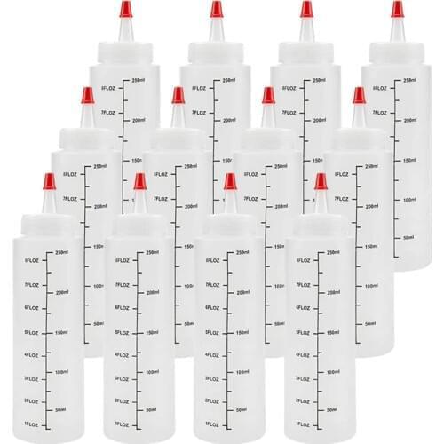 12-Pack 8 Oz Condiment Squeeze Bottles with Red Tip Cap - Durable Plastic Squirt Bottle for Ketchup, Sauces, Syrup