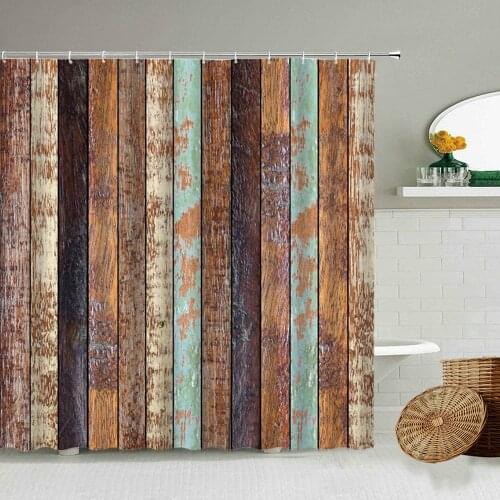 Color Wood Stripe Pattern Shower Curtain Retro Nostalgic Style Bathroom Waterproof Polyester Curtains Home Decoration With Hook