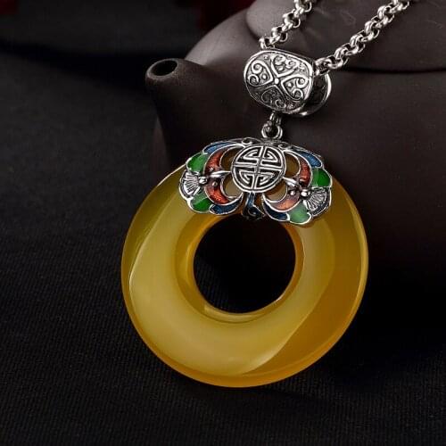 2018 New Arrival Carnelian Round New S925 Pure Retro Fu In Front Of Pin Safety Button Pendant Long Sweater Chain Lady