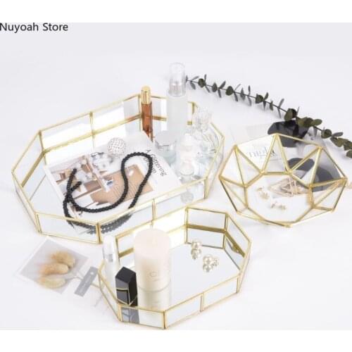 European Retro Glass Storage Tray Brass Side Mirror Tray Cake Dessert Display Tray Living Room Home Decoration Accessories