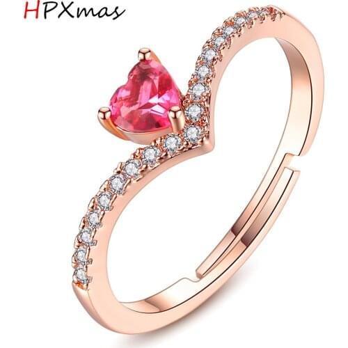 HPXmas Rose Golden Color garnet Rings with red Heart Crystals Adjustable Ring For Women Females Wedding statement jewelry A35