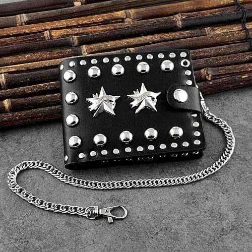 Punk Studded Star Leather Wallet Mens ID Card/Momey Clip with safe chain