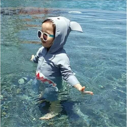 Shark One Piece Swimsuit For Child Solid Swimwear Kids Long Sleeve Swimming Suit With Cap Zipper Bathing Suit Boy And Girl Swim