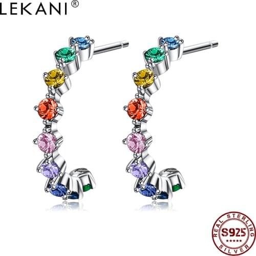 LEKANI S925 Sterling Silver Stud Earring For Women Colorful Rainbow Cubic Zirconia Earring Elegent Festivel Gift Fine Jewelry