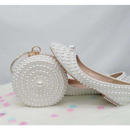 BaoYaFang New Arrive White Pearl Wedding Flat Shoes With Matching Bag Bride Pointed Toe Party Dress Shoes Woman Big Size Flat
