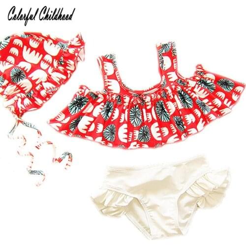 Baby Kids Girls Clothing Red Floral Printed Sling Bikini+pure Color Bottom+Hat 3pcs Set Toddler Girl Fashion Clothes modis 1-7t