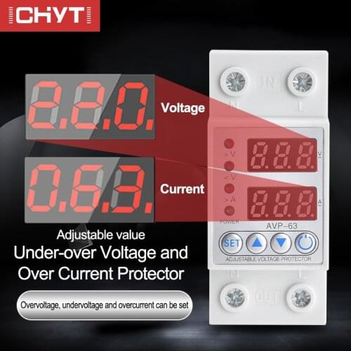 Over Under Voltage Relay 63A 220V 230V Din Rail Adjustable Digital Dual Display Surge Protector Limit Over Current Protection