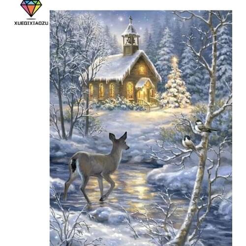 XUEQIXIAOZU 5D DIY Painting Full Round Diamond Beautiful Snow Scene Picture Cross Stitch Mosaic Picture Rhinestones Embroidery