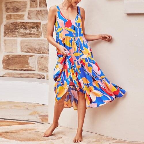 Womens Clothing 2021 Summer New Sleeveless U-Neck Print Cake Dress Fashion Elegant Dresses For Women Ladies Clothes Wear