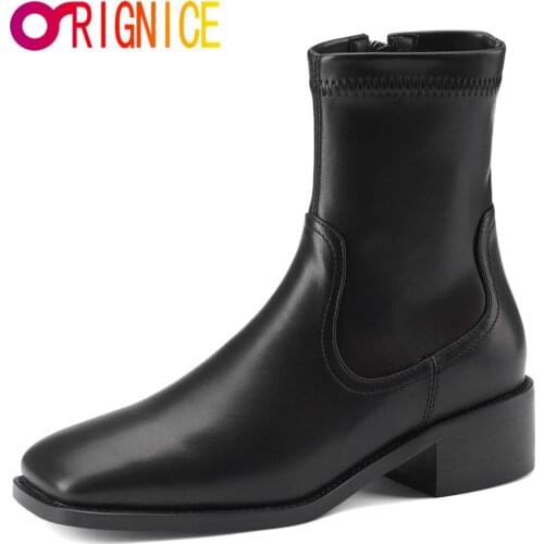 Orignice New Elegant Women Mid Heel Ankle Boots Side Zipper Square Toe Thick Heel Solid Ladies Dancing Party Shoes Big Size 43