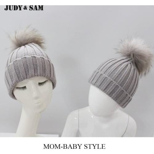 1 Pair Parent Child Winter Hat with Real Raccoon Fur Pom Pom