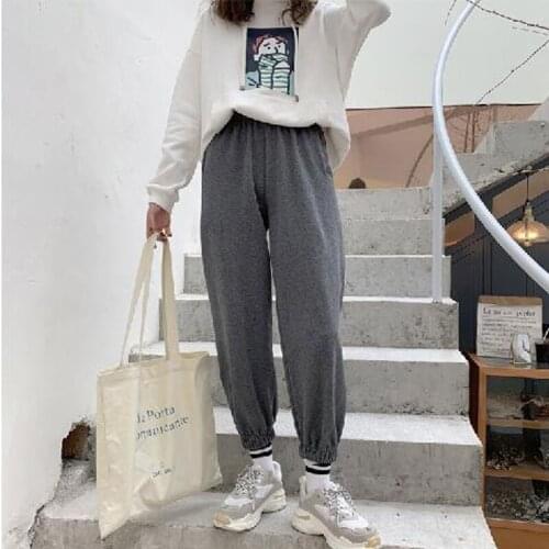2019 Womens nine points feet pants loose straight wide leg pants female Harajuku style students casual sports pants cotton