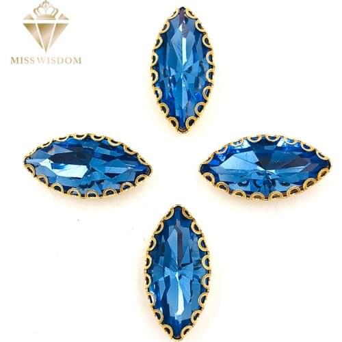 7X15mm Light blue Horse eye sew on rhinestones gold base with hole lacy claws glass crystal rhinestone Diy garment accessories