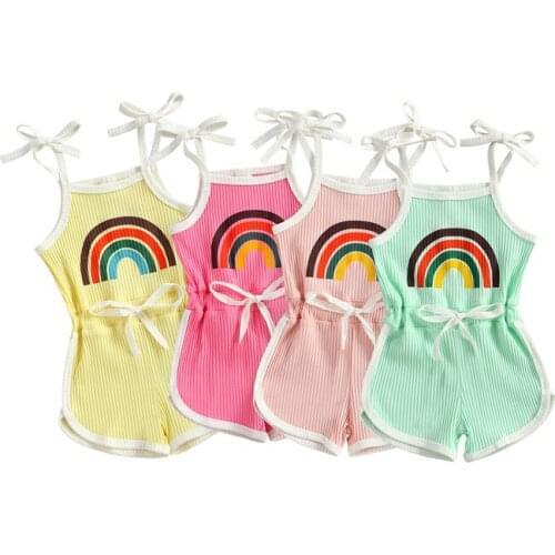 FOCUSNORM 0-4Y Summer Cute Baby Girls Rompers Rainbow Print Sleeveless Belt Elastic Jumpsuits 4 Colors