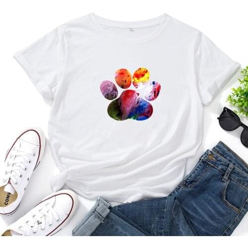 Watercolor Heart Dog Paw T Shirt Women Fashion Harajuku Cartoon Casual T-shirt Femme Cotton O-neck Short-sleeved Tshirts Women