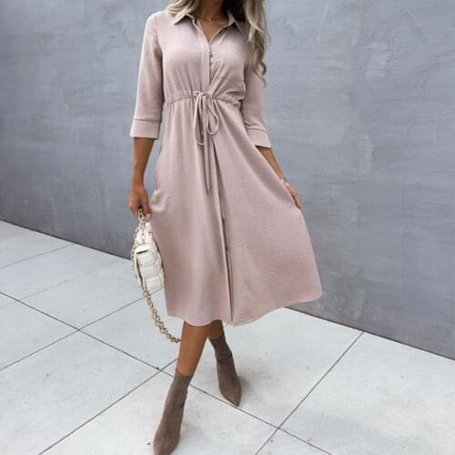 Fashion Women Long Sleeve Simple Solid Party Dress Casual Button Lapel Shirt Dress Ladies Elegant Drawstring Slim Waist Dresses