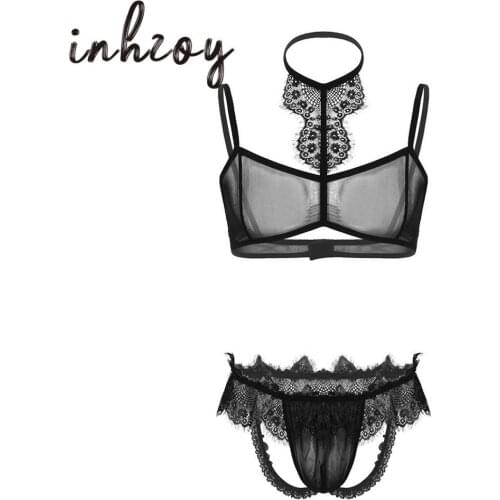 Mens Erotic Sissy Lingerie Set Sheer Mesh Lace Gay Underwear Transparent Crossdress Hot Sexy Male Bra Tops with Briefs Panties