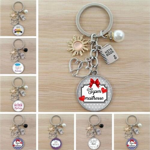 New teachers day gift keychain jewelry thank you teacher cute pattern pendant glass round charm bag keychain souvenir