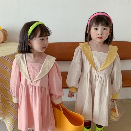 Autumn 2021 Kids Dress Solid color V-neck long-sleeved Cotton princess dress