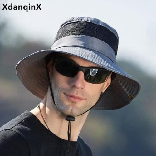 XdanqinX Mens New Summer Panama Mesh Hat Breathable Bucket Hats Flat Cap Multicolor Wind Rope Fixed Large Eaves Women Beach Hat