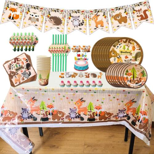 Woodland Tableware, Jungle Animals Party Decorations, Forest Animal Paper Plates Banner Wild One 1st Bithday Party Supplies