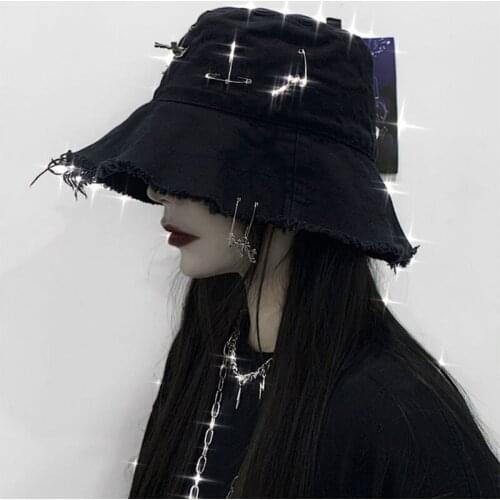 Unisex Summer Bucket Cap Black Gothic Hat Grunge Brim Fisherman Hat UV Protection Sun Hats for Women Outdoor Activity