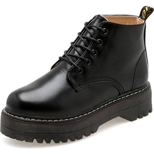 Women Platform Boots Ankle Boots Winter Shoes Lace-up Knitted Flat Shoes Rubber Boots Women Leather Women Shoes 4cm Heel Black
