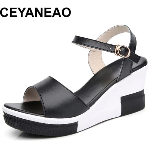 CEYANEAOWomens platform sandals, genuine leather shoes, white flat shoes, high heels, summer platform E023